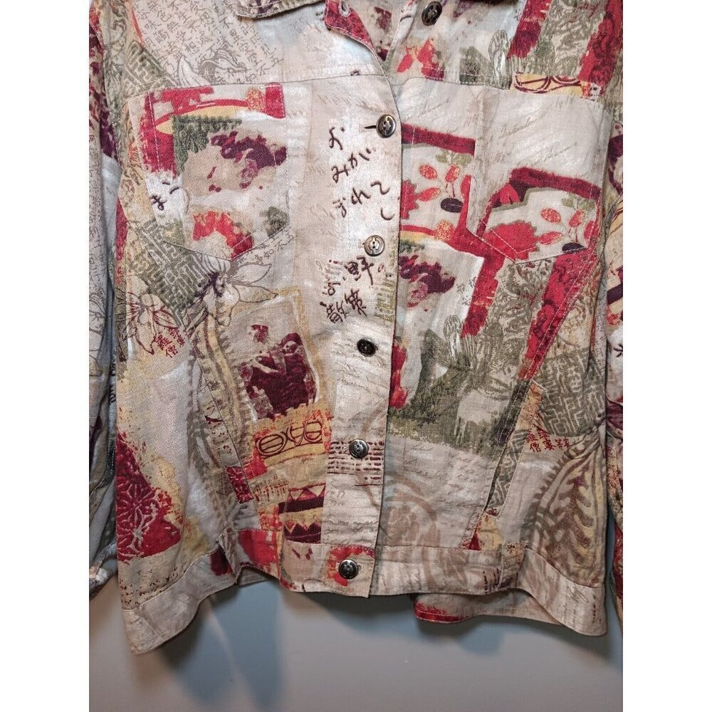 Chico's Asian Floral Lightweight Jacket Women Large Size 2 Linen Button Front - Picture 2 of 5